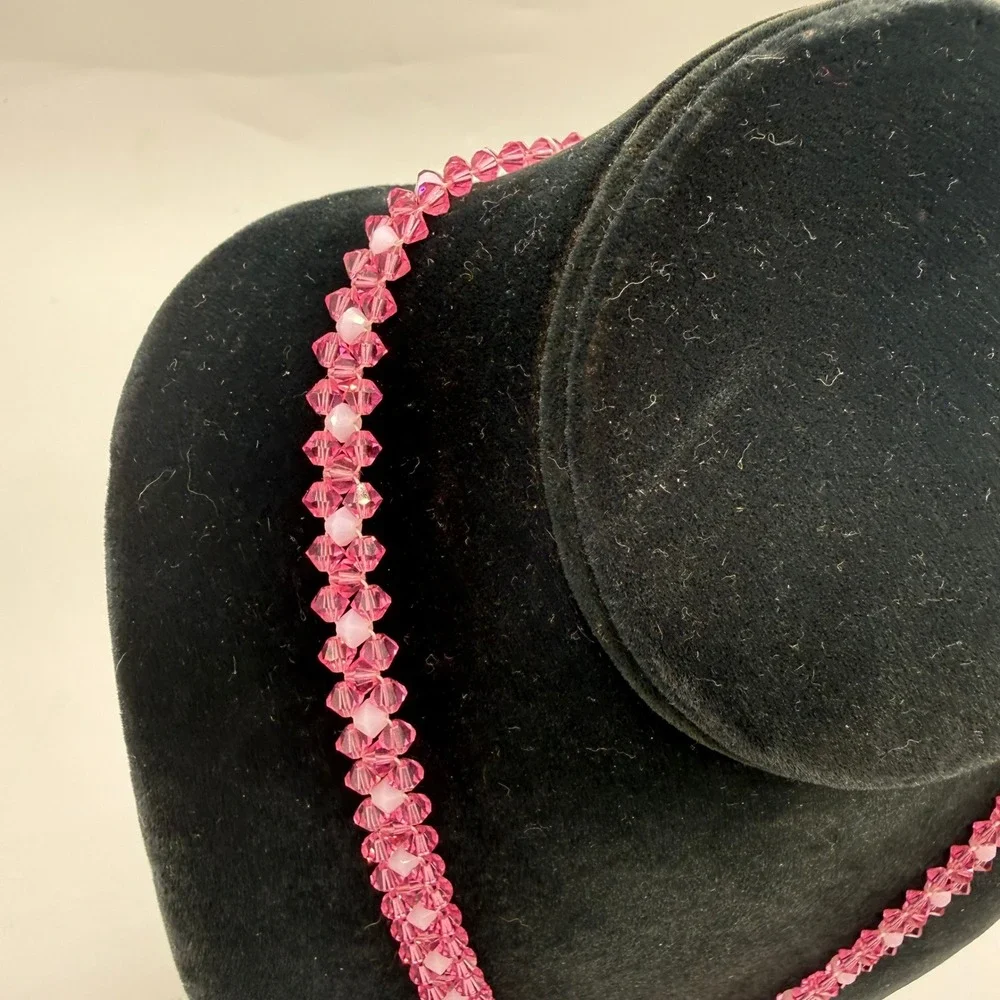 Handmade Pink Crystal Beaded Woven Necklace 17 Inch‎ Bicone Sparkle Artisan